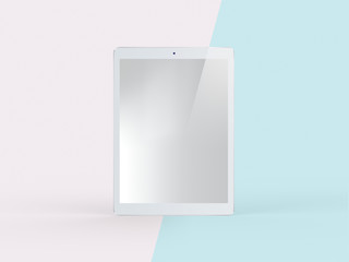 3D Illustration of White Tablet on Simple Pastel Pink Mint Background, Front View. Isolated Mockup.