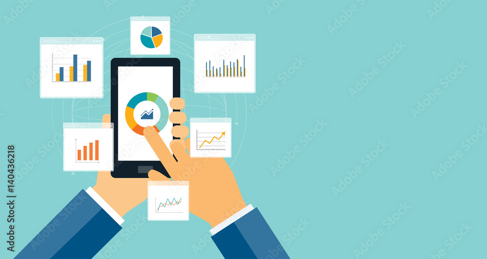 Poster flat business analytics graph on mobile device and finance investment planning background
