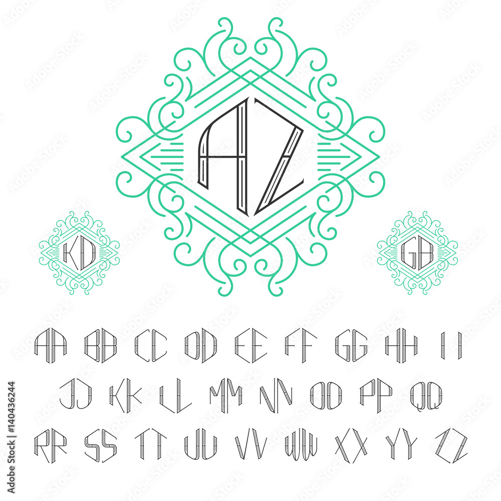 Poster two letters monogram template in outline style. set of letters from a to z. luxury vector set of orn