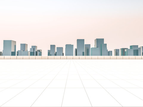 Panoramic skyline and buildings with empty square floor. 3D rendering