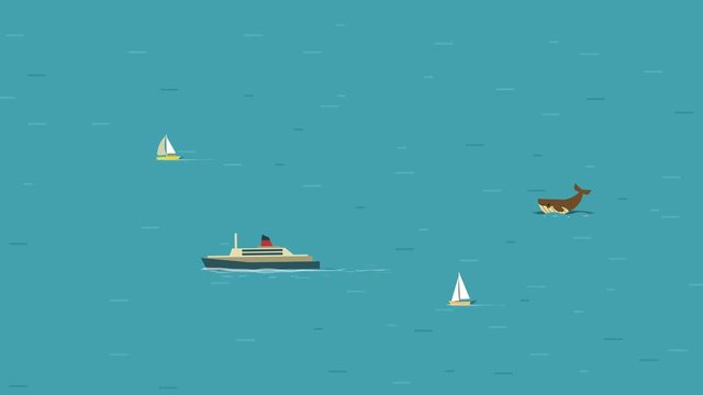Cartoon animated ocean with ship, yachts, whale and dolphins