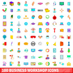 100 business workshop icons set, cartoon style