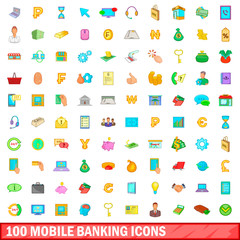 100 mobile banking icons set, cartoon style
