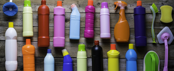 panorama of house cleaning product on wood table