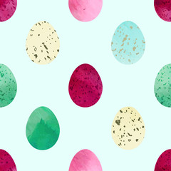 Bright festive Easter eggs seamless vector pattern. Gouache or watercolor painting textured eggs on solid green-grey background. Beige, blue, green, purple and pink colors.