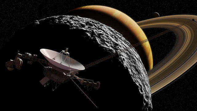 Saturn, Saturn moon and Voyager probe