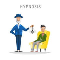 Flat vector illustration of medical room with patient relaxing in chair and psychologist performing hypnosis session