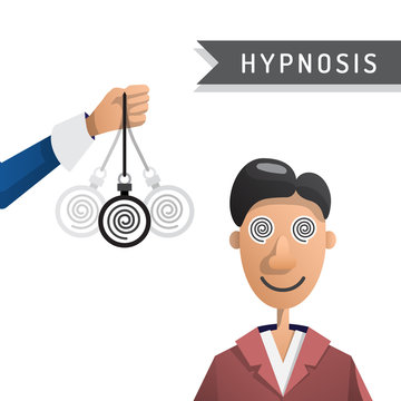 Vector illustration of a man under hypnosis is painted in flat cartoon style on white background isolated