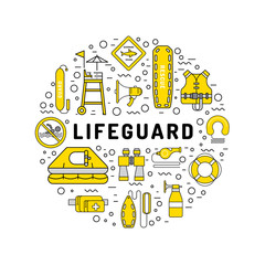 Vector outline icons of lifeguard equipment, hat helps save the lives of drowning people. Elements of equipment of the rescuer and rescue station