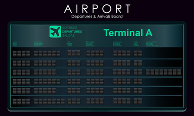 Fototapeta premium Blank flights scoreboard mockup departures. Blank airport board for destination information, cities, schedule. Vector illustration