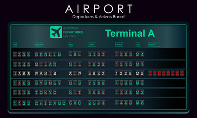 Flights scoreboard mockup departures and arrivals. Airport board with destination information, cities, schedule. Vector illustration 