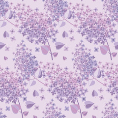 Lilac spring blossom surface design. Floral seamless pattern vector illustration. Violet flowers repeatable motif.