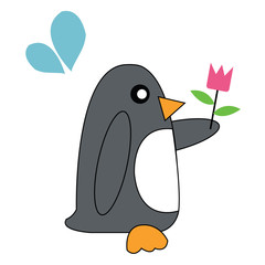 Penguin holding flowers.