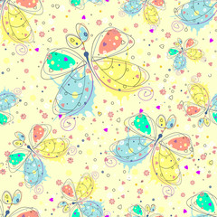 Vector seamless pattern with insect Hand drawn outline decorative endless background with cute drawn butterfly Graphic illustration. Line drawing. Print for wrapping, background, decor