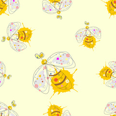 Fototapeta na wymiar Vector seamless pattern with insect Hand drawn outline decorative endless background with cute drawn wasp Graphic illustration. Line drawing. Print for wrapping, background, decor