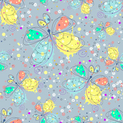 Vector seamless pattern with insect Hand drawn outline decorative endless background with cute drawn butterfly Graphic illustration. Line drawing. Print for wrapping, background, decor