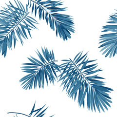 Seamless vector indigo blue pattern with monstera palm leaves on dark background. Summer tropical fabric design.