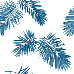 Fototapeta premium Seamless vector indigo blue pattern with monstera palm leaves on dark background. Summer tropical fabric design.