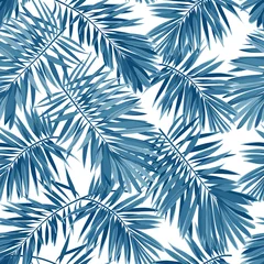 Wallpaper murals Palm trees Indigo vector seamless pattern with monstera palm leaves on dark background. Summer tropical camouflage fabric design.