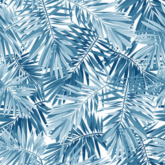 Indigo-Vektor nahtloses Muster mit Monstera-Palmblättern auf dunklem Hintergrund. Sommerliches tropisches Camouflage-Stoffdesign.