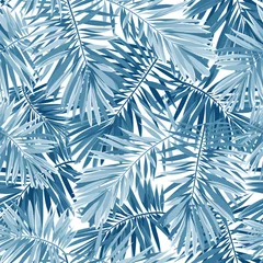 Foto op Plexiglas Tropische bladeren Indigo vector naadloze patroon met monstera palmbladeren op donkere achtergrond. Zomer tropische camouflage stof ontwerp.