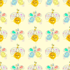Vector seamless pattern with insect Hand drawn outline decorative endless background with cute drawn butterfly, wasp Graphic illustration. Line drawing. Print for wrapping, background, decor