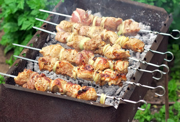 Pork Shish kebab on Fire. Appetizing fresh meat shish kebab prepared on a grill wood coal, outdor