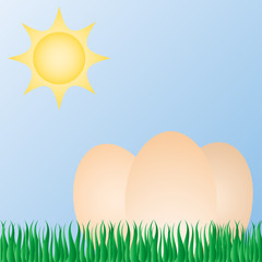 beautiful cartoon background for the Easter cards. The eggs in the grass against the sky