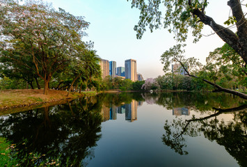 Cityscape, office buildings and apartments in Thailand at dusk.
