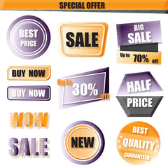 Set of sale, buy now, new, half price banner in yellow and purple gradient style.