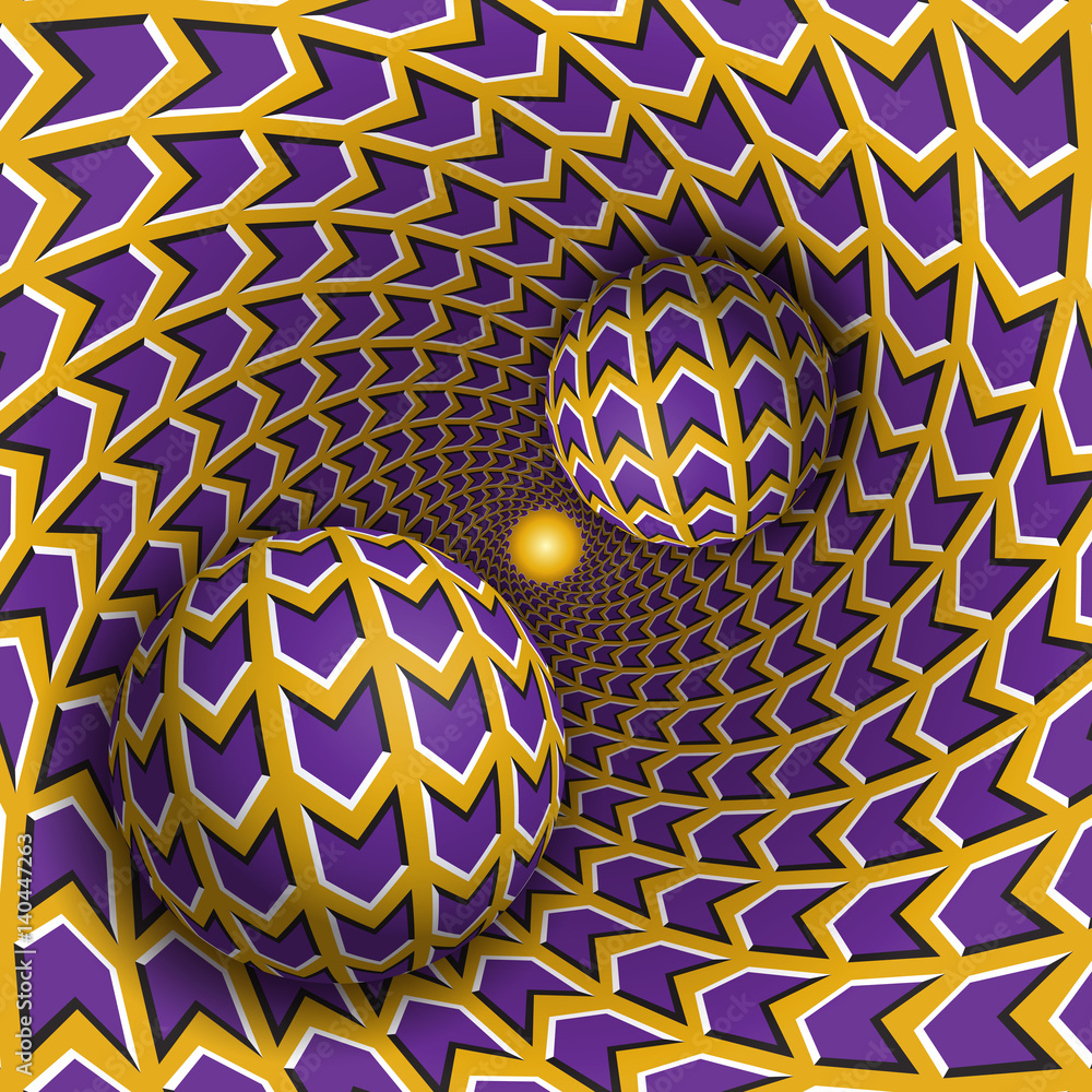 Aufkleber optical illusion illustration. two balls are moving in rotating hole. purple arrows on yellow patter