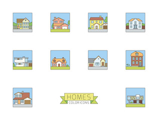 Homes. Residential Houses Square Color Line Icons