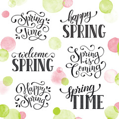 Hand written Spring time phrases with birds. Greeting card text templates isolated on white background. Welcome Spring lettering in modern calligraphy style. Hello Spring wording.