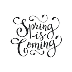 Hand written Spring time phrase. Greeting card text template isolated on white background. Spring is coming wording.