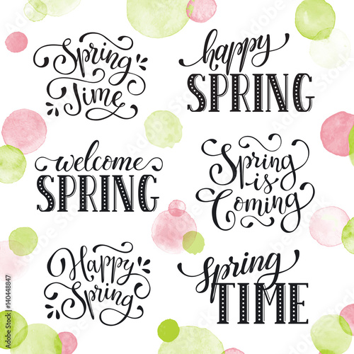 "Hand written Spring time phrases with birds. Greeting 