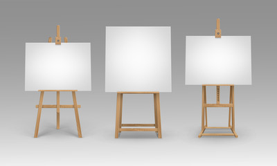 Vector Set of Brown Sienna Wooden Easels with Mock Up Empty Blank Canvases Isolated