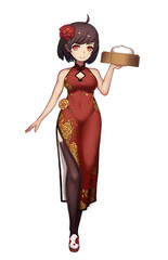 Cool Characters Series: Manga Chinese Girl with Slit Skirt isolated on White Background. Video Game's Digital CG Artwork, Concept Illustration, Realistic Cartoon Style Background and Character Design