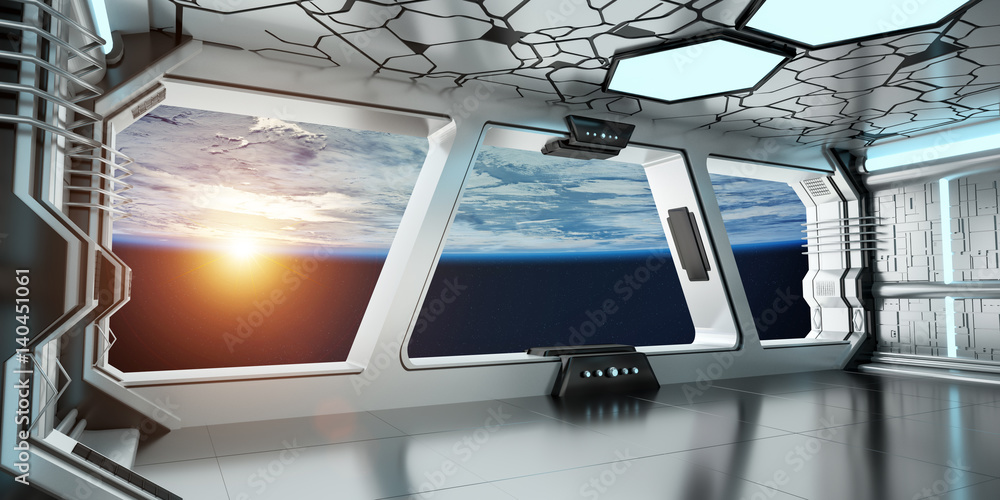 Poster spaceship interior with view on the planet earth 3d rendering elements of this image furnished by na