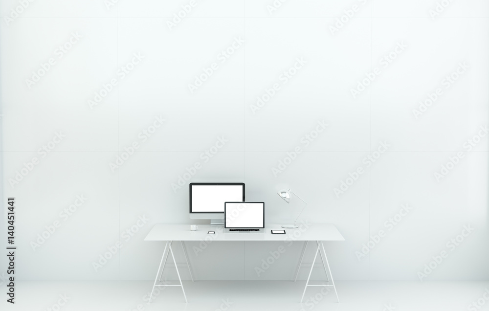 Poster modern white desk office interior with computer and devices 3d rendering