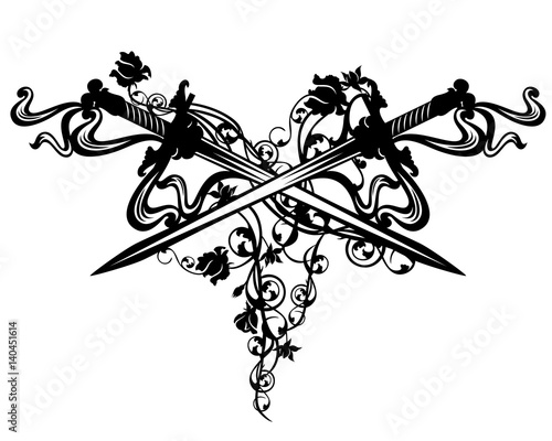 "crossed swords among rose flowers vector design" Stock image and