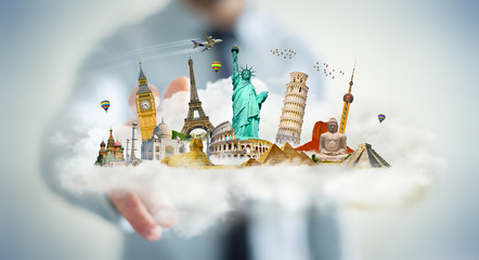 Businessman touching a cloud full of famous monuments with his finger 3D rendering