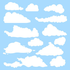 Fototapeta na wymiar Vector White Silhouette Shapes of Clouds on Blue Background