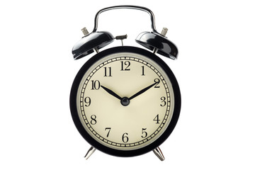 black vintage alarm clock isolated on white background with clipping path