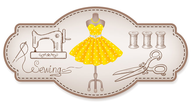 Decorative frame for workshop advertising stickers with  hand drawn dress and sewing tools