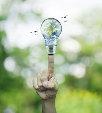 Hand pressing earth globe in light bulb over blur green tree background, Energy conservation and environmental concept, Elements of this image furnished by NASA