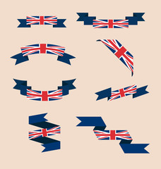 Vector set of scrolled isolated ribbons or banners in colors and with symbol of flag of United Kingdom.