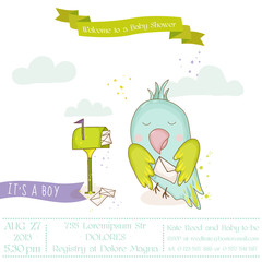 Cute Parrot with a Letter. Baby Shower or Arrival Card in vector