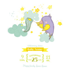 Cute Parrot Catching Stars. Baby Shower or Arrival Card in vector