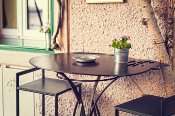 Vase with Primroses in bloom on a table outside.
