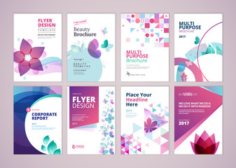 Beauty and wellness brochure cover design and flyer layout templates collection. Vector illustrations for marketing material, ads and magazine, products presentation templates. - obrazy, fototapety, plakaty